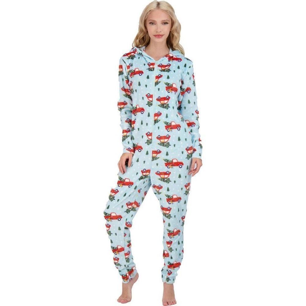 woman’s s/m fleece pajamas Christmas HOLIDAY ONE-PIECE HOODED teal